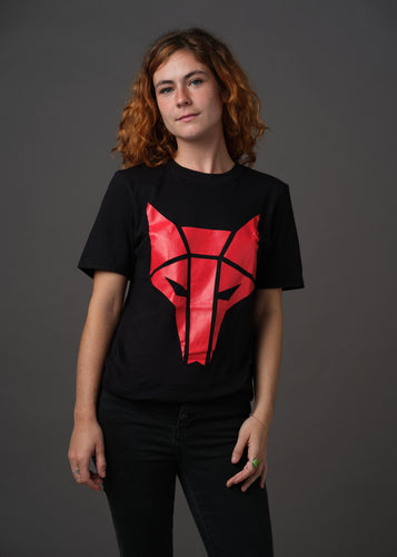 Black t shirt with a large centered red Howler sigil 