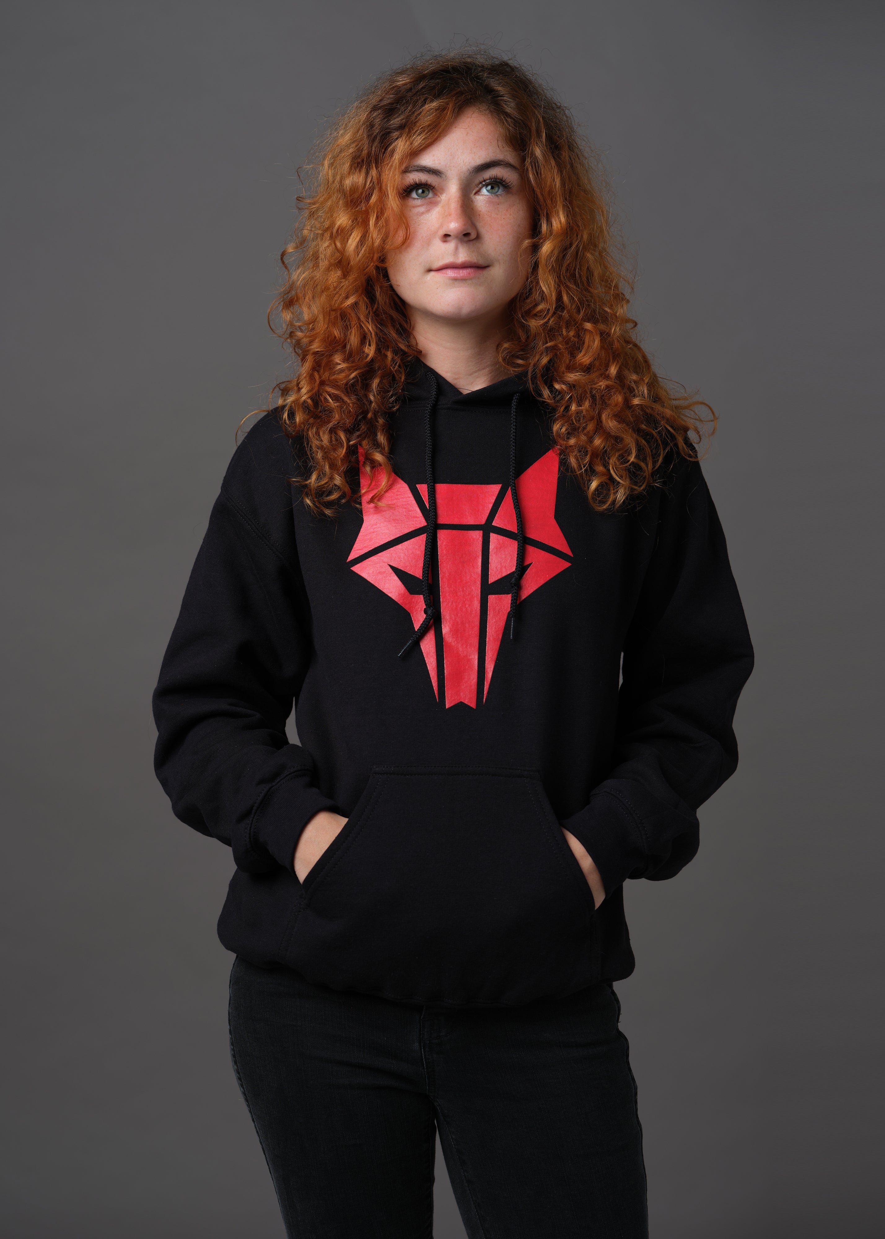 Black hoodie with red wolf Howler sigil