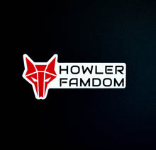 Load image into Gallery viewer, White sticker with red wolf Howler sigil and the words Howler Famdom in black 
