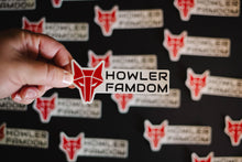 Load image into Gallery viewer, White sticker with red wolf Howler sigil and the words Howler Famdom in black
