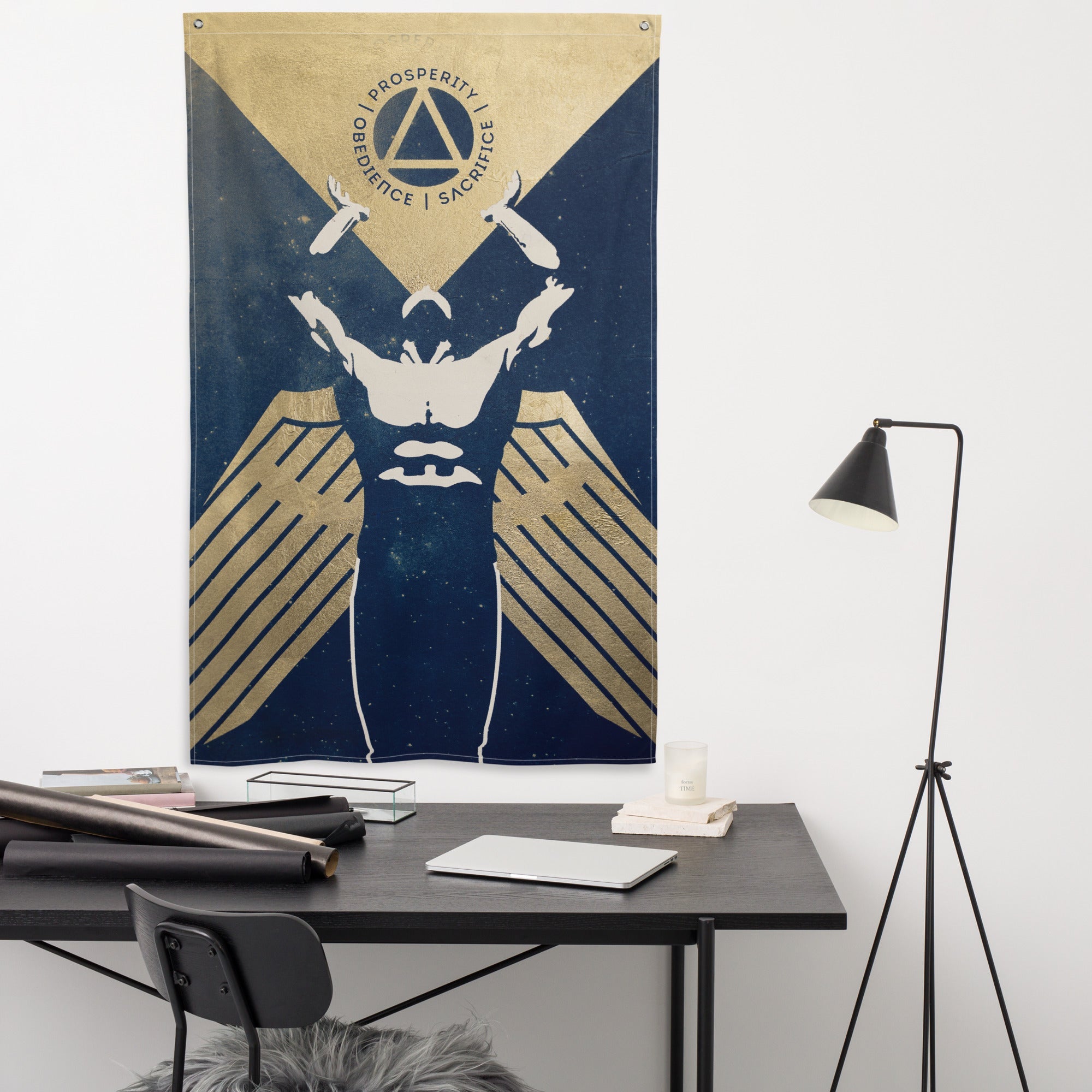 Large flag featuring a muscled winged figure with outstretched arms with the words 'obedience, prosperity, sacrifice' and a triangle enclosed in a circle