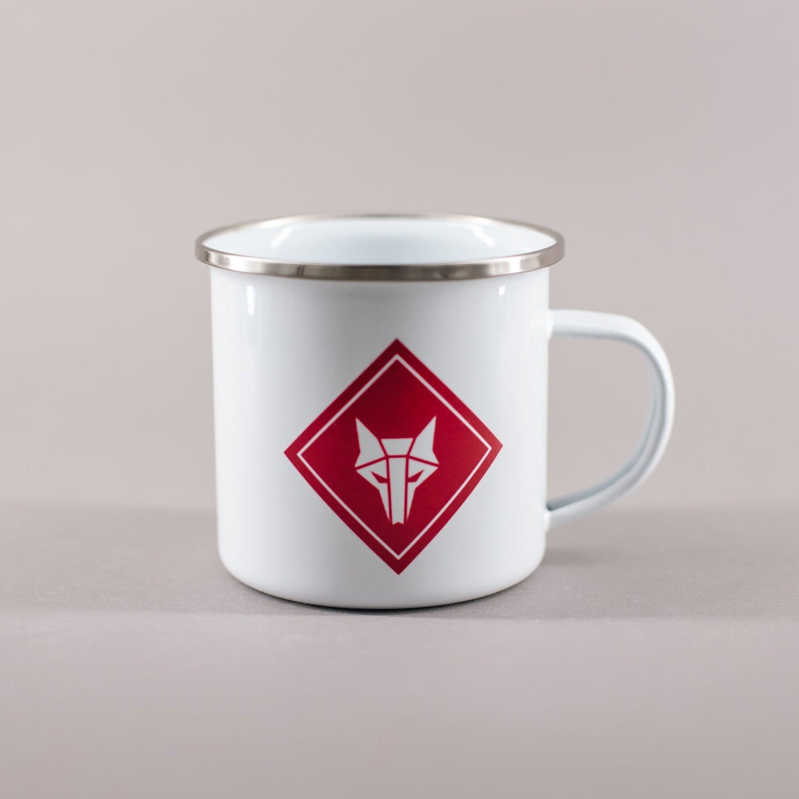 Small white tin mug with red howler sigil