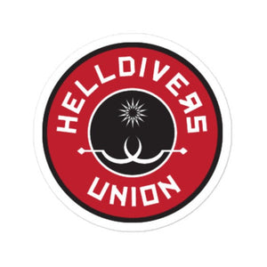Round sticker with black white and red design with two white sling blades and a white star surrounded by the words Helldivers Union
