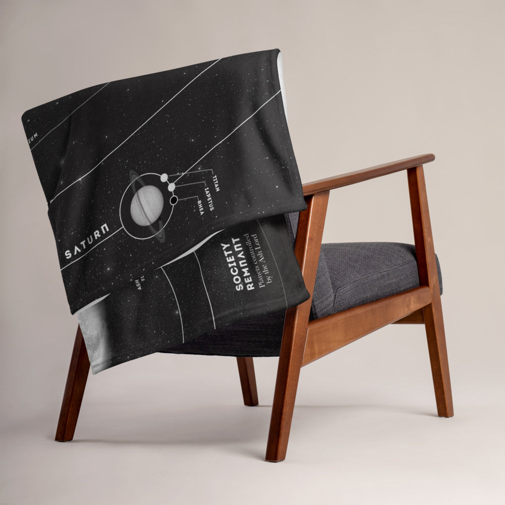 Cozy black and white blanket printed with the official Solar System map designed for Iron Gold