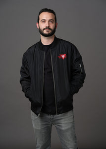 Black bomber jacket embroidered with the House Mars Wolf Sigil on the front right and Pegasus Legion Sigil on back