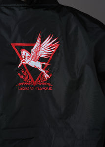 Black bomber jacket embroidered with the House Mars Wolf Sigil on the front right and Pegasus Legion Sigil on back