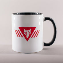 Load image into Gallery viewer, Mug with black interior and handle and a red howler wolf sigil on white background
