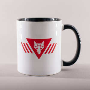 Mug with black interior and handle and a red howler wolf sigil on white background