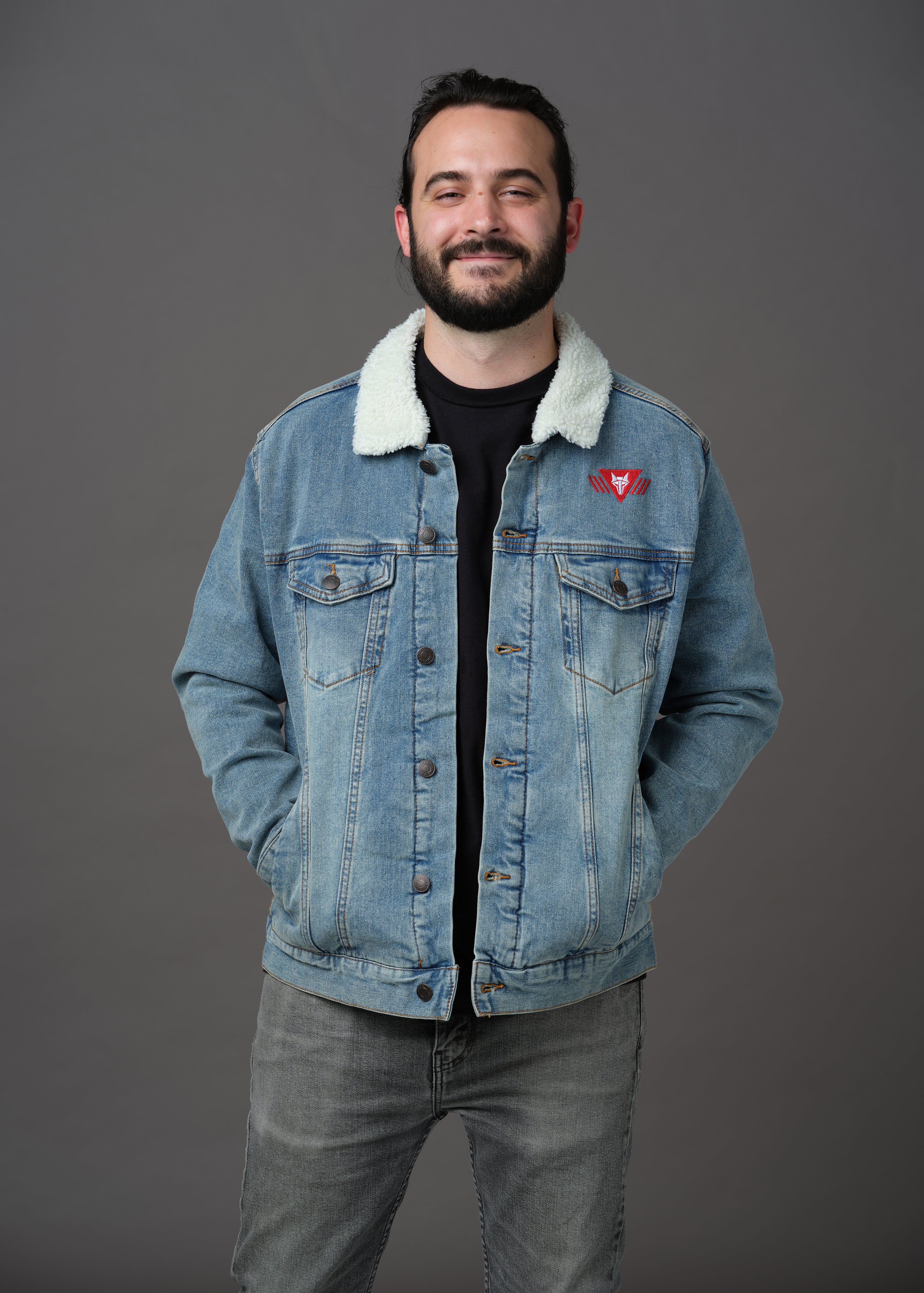 Blue denim and white sherpa jacket embroidered with the House Mars Sigil on the front right and Pegasus Legion Sigil on back