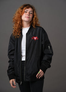 Black bomber jacket embroidered with the House Mars Wolf Sigil on the front right and Pegasus Legion Sigil on back