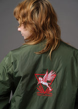 Load image into Gallery viewer, Army green bomber jacket embroidered with the House Mars Wolf Sigil on the front right and Pegasus Legion Sigil on back
