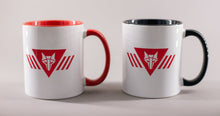 Load image into Gallery viewer, Two mugs, one with black interior and handle, one with red interior and handle. Both have red wolf howler sigil
