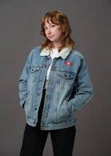 Load image into Gallery viewer, Blue denim and white sherpa jacket embroidered with the House Mars Sigil on the front right and Pegasus Legion Sigil on back
