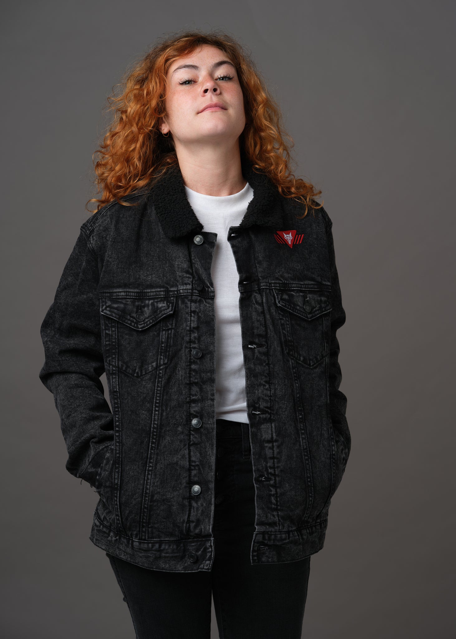 Denim Embroidered Howler Sherpa Jacket Black – Lit Escalates