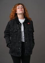 Load image into Gallery viewer, Black denim and sherpa jacket embroidered with the House Mars Sigil on the front right and Pegasus Legion Sigil on back
