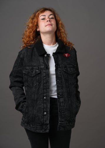 Black denim and sherpa jacket embroidered with the House Mars Sigil on the front right and Pegasus Legion Sigil on back