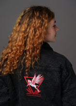 Load image into Gallery viewer, Black denim and sherpa jacket embroidered with the House Mars Sigil on the front right and Pegasus Legion Sigil on back
