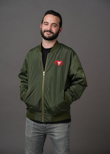 Army green bomber jacket embroidered with the House Mars Wolf Sigil on the front right and Pegasus Legion Sigil on back