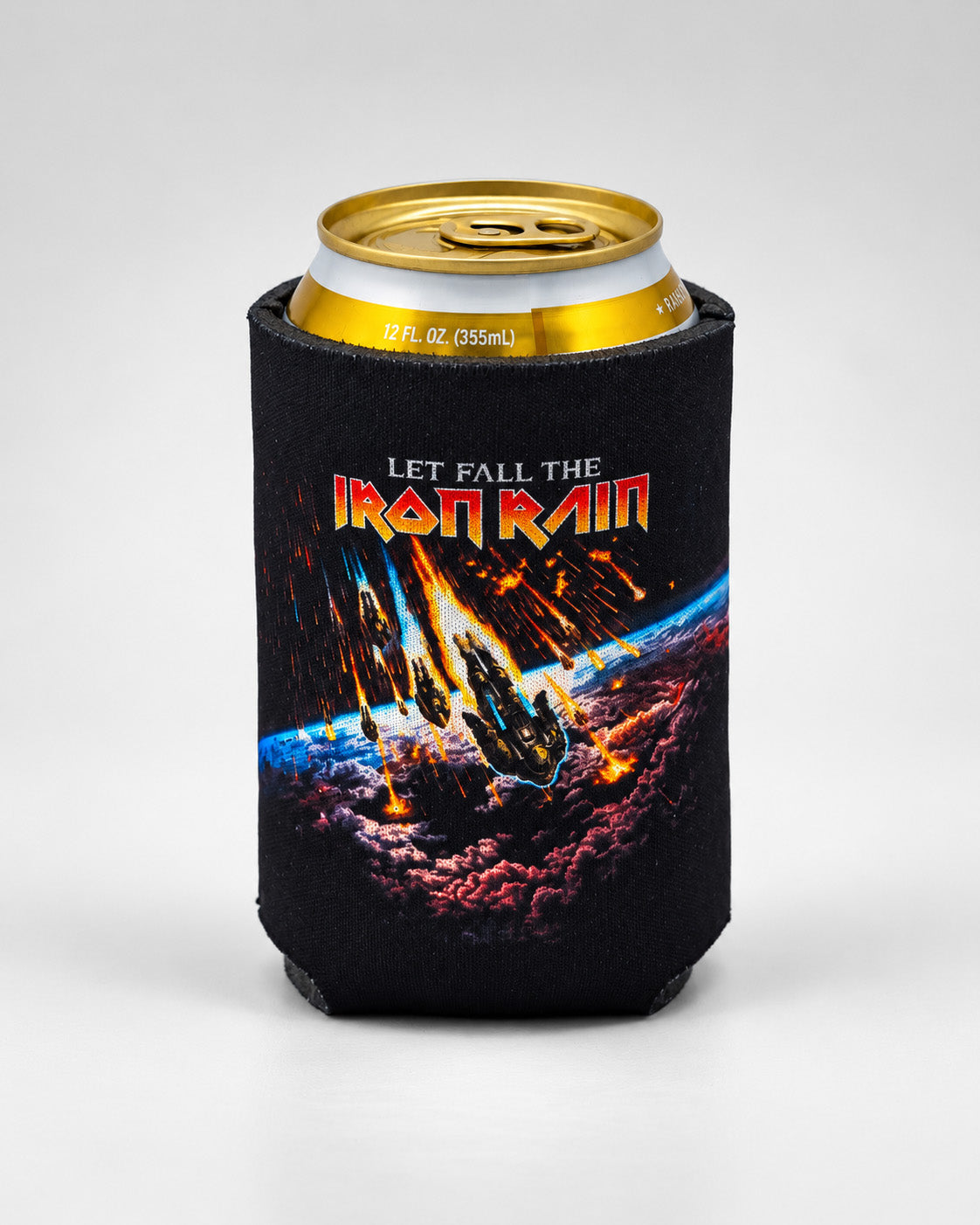 Iron Rain Koozie featuring the text "Let Fall the Iron Rain" and an illustration of men in metal suits falling from space.