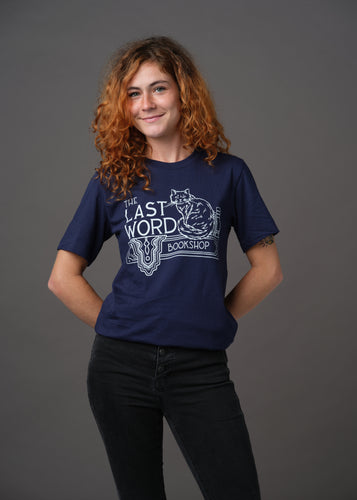 T shirt that says The Last Word Bookshop and has a fluffy cat sitting next to books