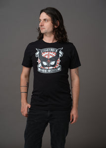 Tshirt with a black horned mask and the phrase 'whatever I am let it be enough' on top of a red compass