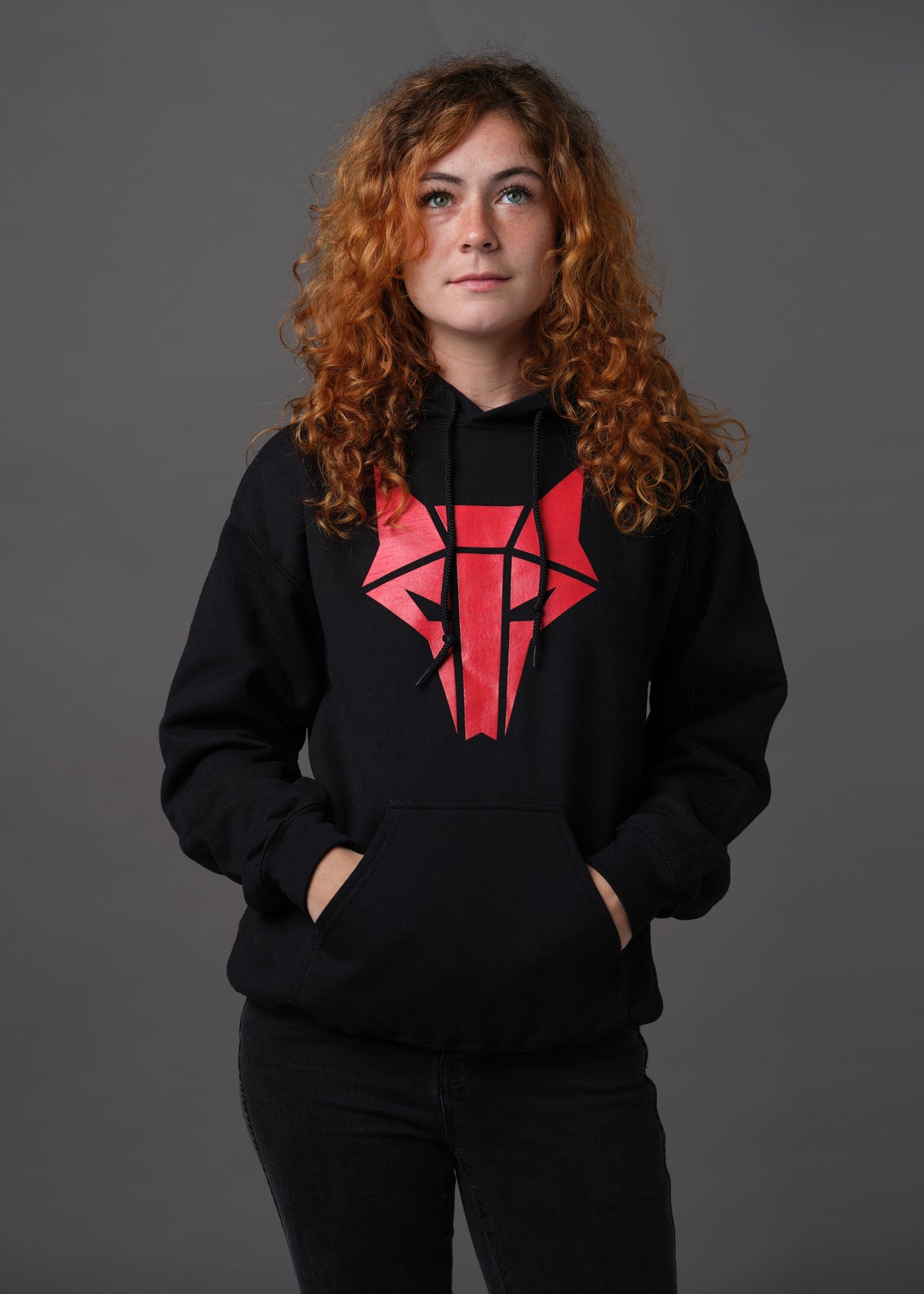 Black hoodie with red wolf Howler sigil 