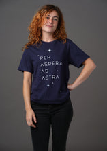 Load image into Gallery viewer, Navy shirt with &quot;Per Aspera Ad Astra&quot; and star field printed in white 
