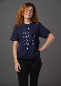 Navy shirt with "Per Aspera Ad Astra" and star field printed in white 