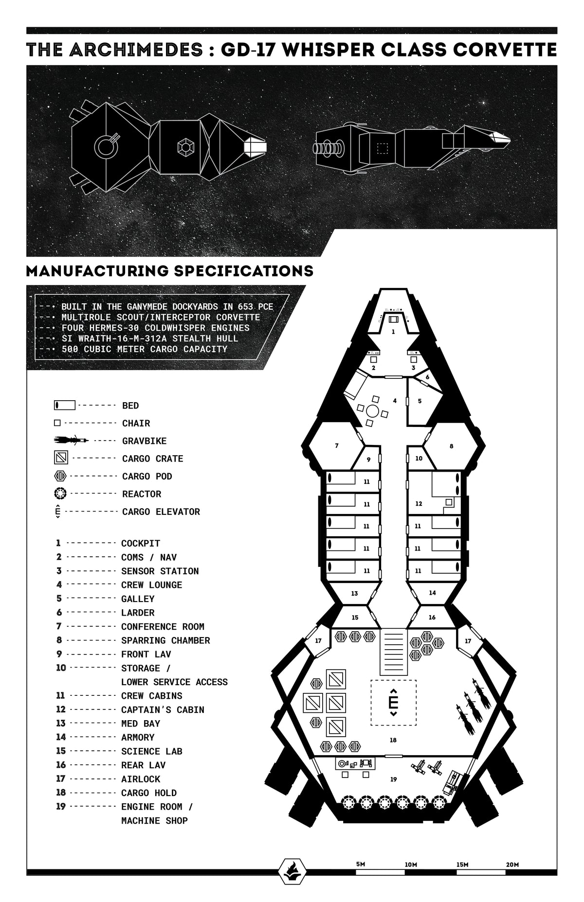 Black and white detailed design schematic of the ship Archimedes 