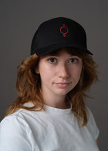 Load image into Gallery viewer, Black hat embroidered with the red sigil for manual laborers and miners
