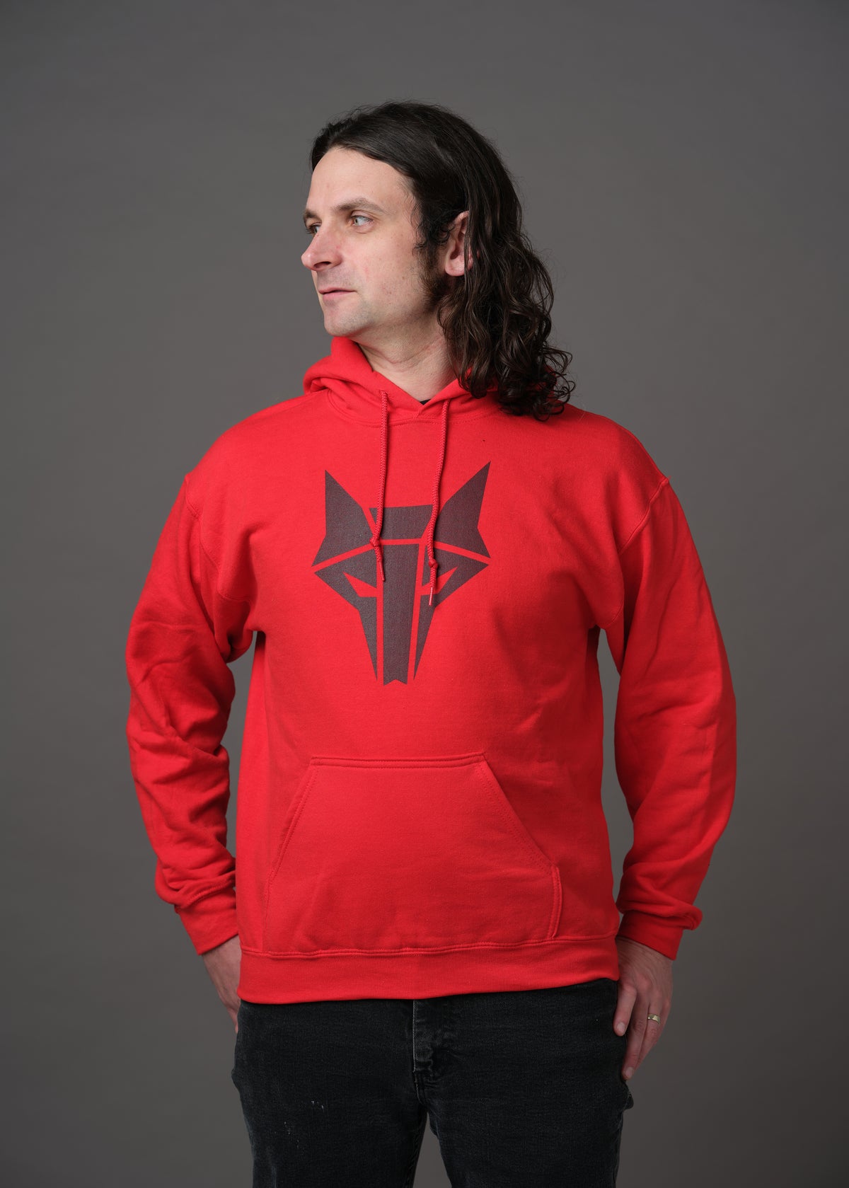 Red hoodie with black howler wolf sigil