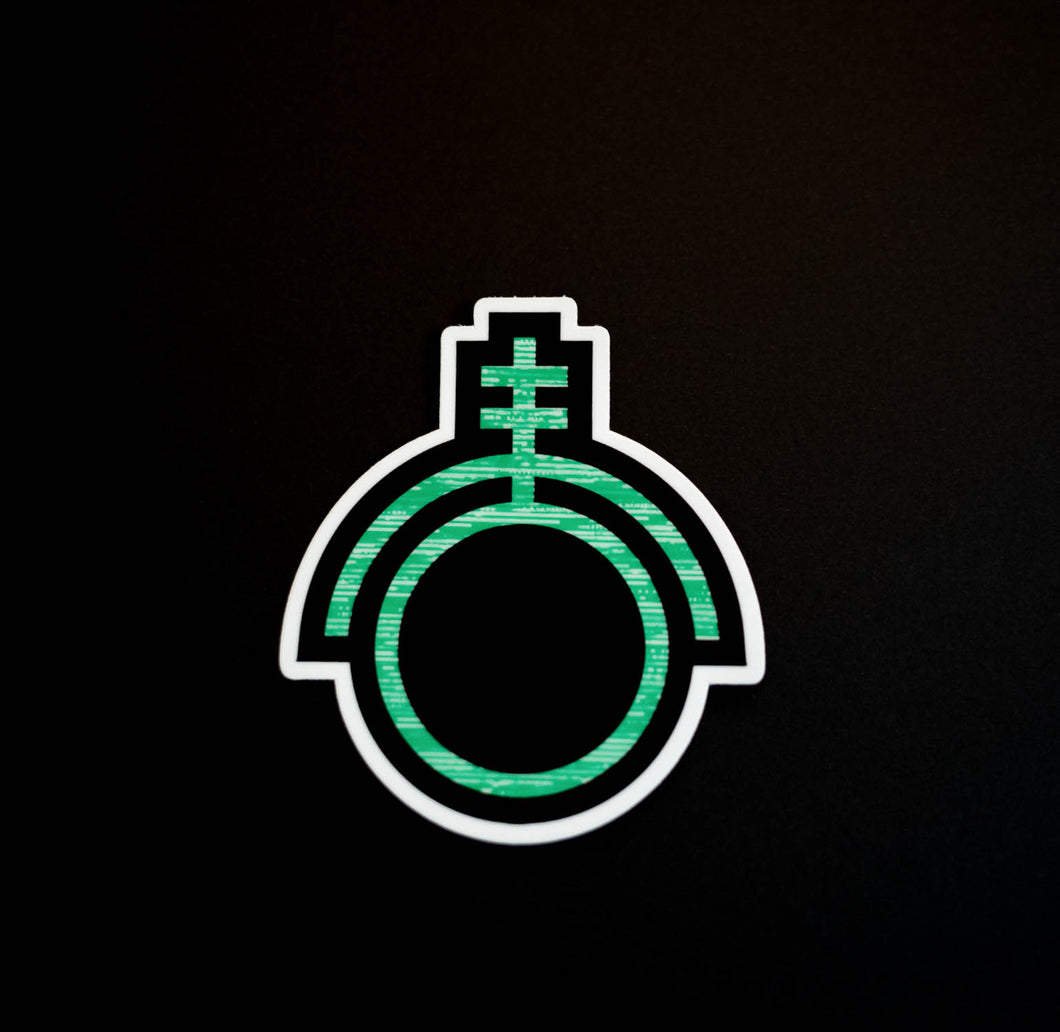 Green sticker depicting the sigil of technicians and programmers