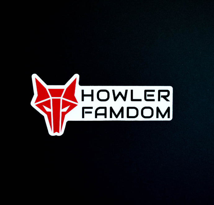 White sticker with red wolf Howler sigil and the words Howler Famdom in black 