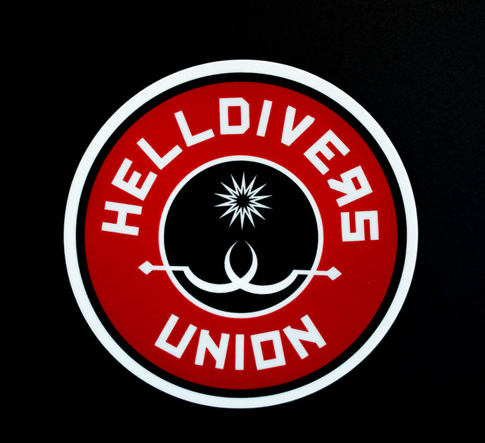 Round sticker with black white and red design with two white sling blades and a white star surrounded by the words Helldivers Union