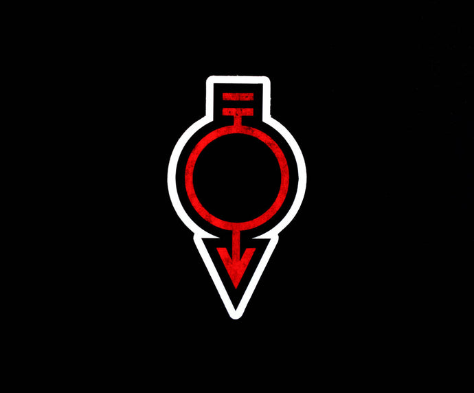 Black sticker with the red sigil of manual laborers and miners