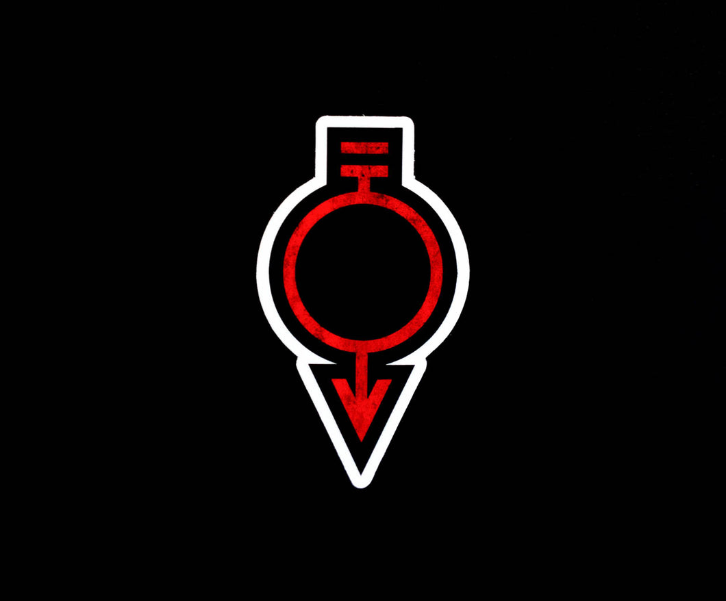 Black sticker with the red sigil of manual laborers and miners
