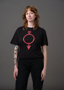 Black shirt printed with the red sigil for manual laborers and miners