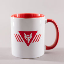 Load image into Gallery viewer, Mug with red interior and handle and a red howler wolf sigil on white background
