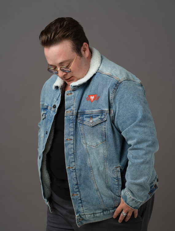 Blue denim and white sherpa jacket embroidered with the House Mars Sigil on the front right and Pegasus Legion Sigil on back