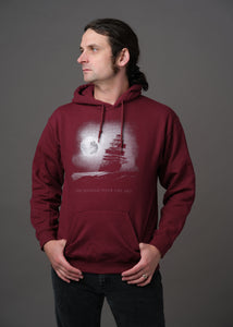 Maroon hoodie with a pirate ship on the ocean under a full moon and text that reads 'Stop fucking with the ship'