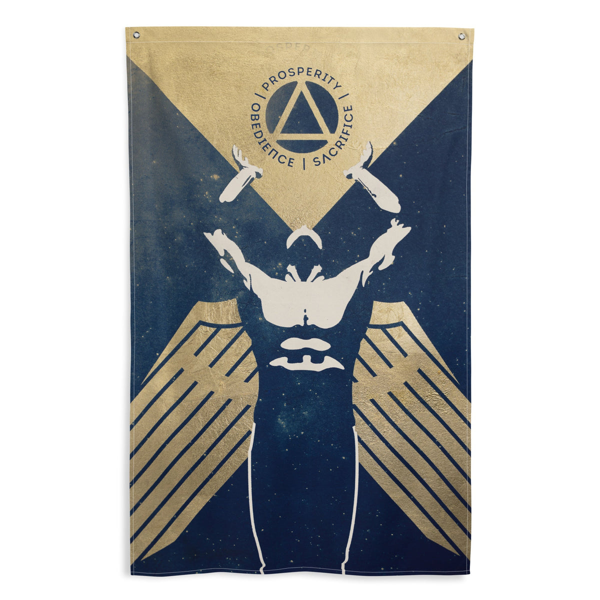 Large flag featuring a muscled winged figure with outstretched arms with the words 'obedience, prosperity, sacrifice' and a triangle enclosed in a circle