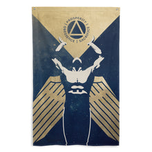 Load image into Gallery viewer, Large flag featuring a muscled winged figure with outstretched arms with the words &#39;obedience, prosperity, sacrifice&#39; and a triangle enclosed in a circle
