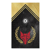 Load image into Gallery viewer, Large vertical flag that features the red Howler wolf sigil surrounded by gold laurels on a black star background with a white sunburst

