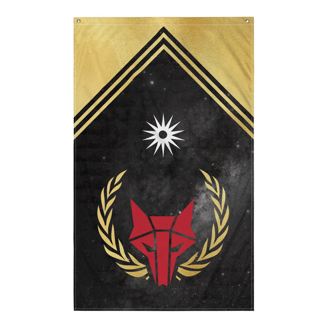 Large vertical flag that features the red Howler wolf sigil surrounded by gold laurels on a black star background with a white sunburst