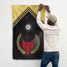 Load image into Gallery viewer, Large vertical flag that features the red Howler wolf sigil surrounded by gold laurels on a black star background with a white sunburst 
