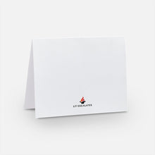 Load image into Gallery viewer, Backside of white card with a small logo on the center bottom that says Lit Escalates in black with a flaming book above
