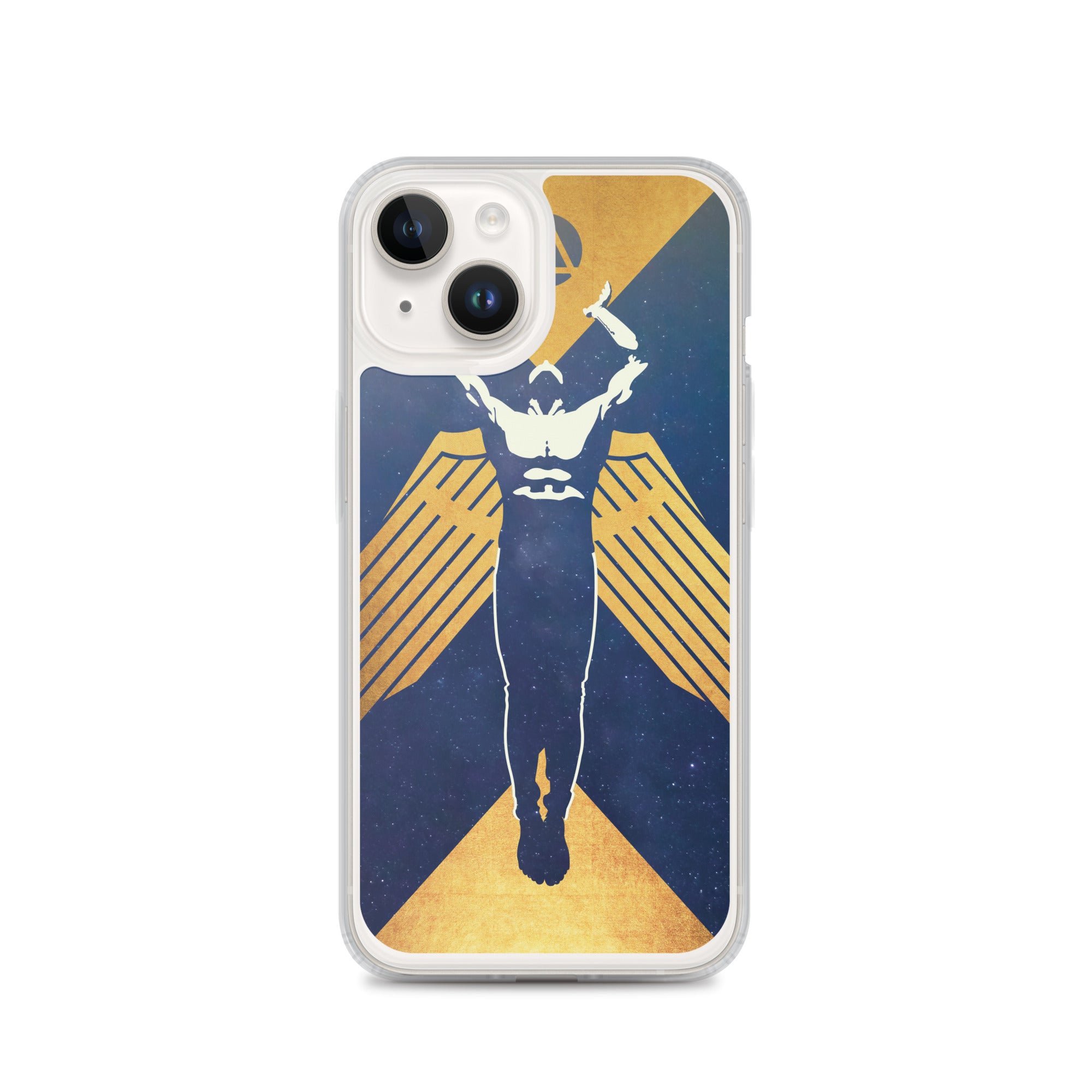 Phone case featuring a muscled winged figure with outstretched arms toward a triangle enclosed in a circle