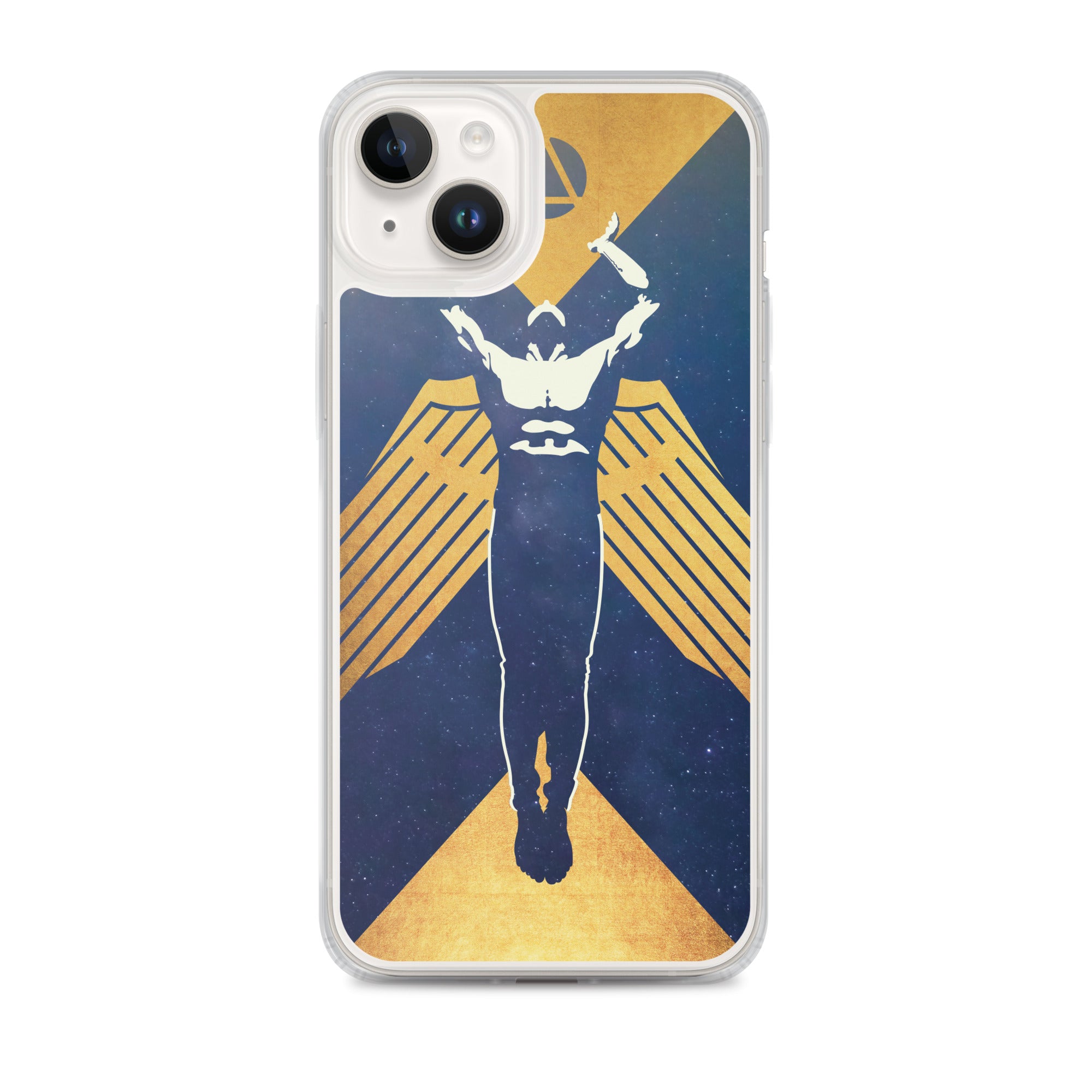 Phone case featuring a muscled winged figure with outstretched arms toward a triangle enclosed in a circle
