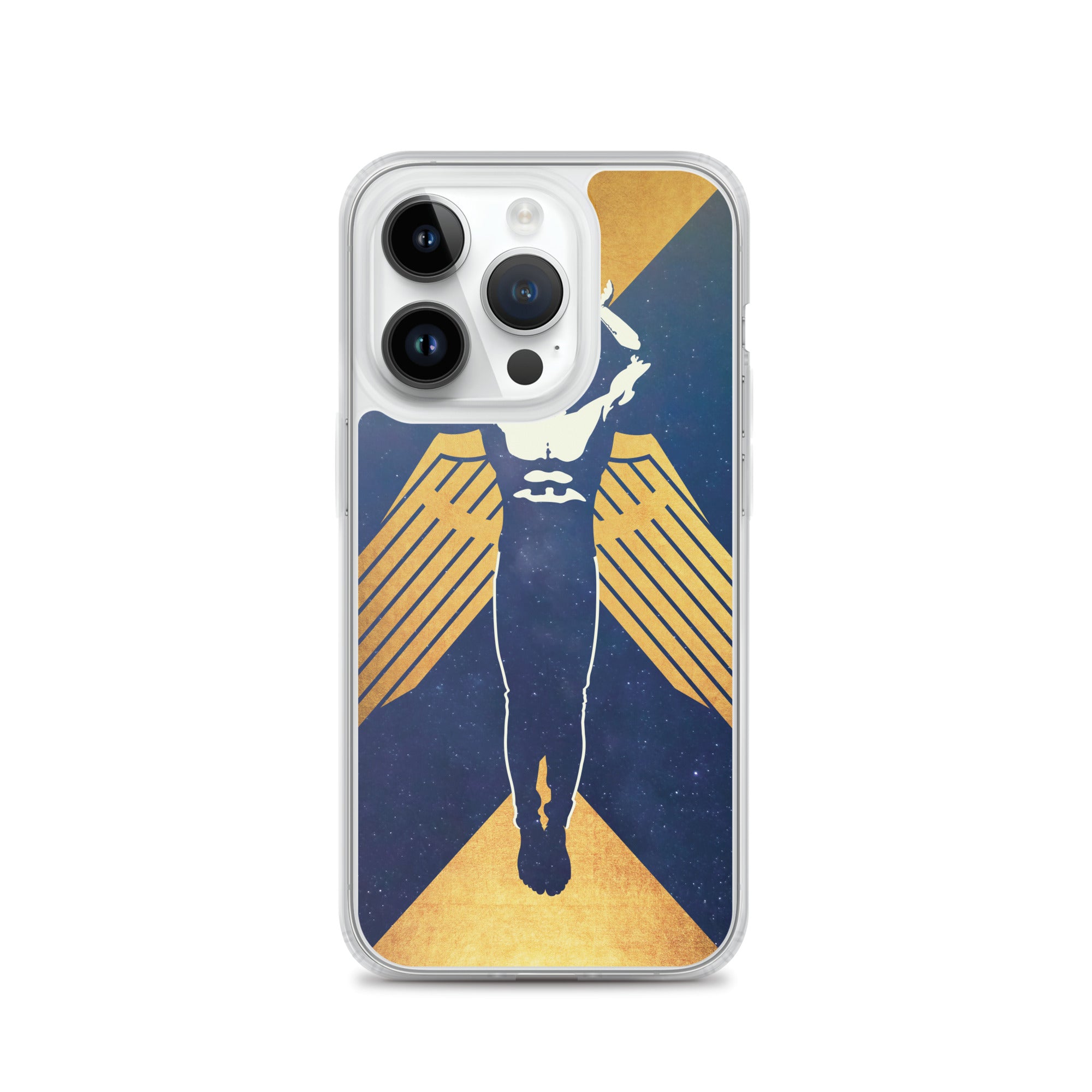 Phone case featuring a muscled winged figure with outstretched arms toward a triangle enclosed in a circle