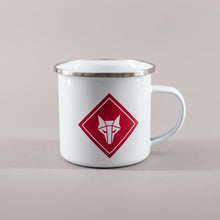 Load image into Gallery viewer, Small white tin mug with red howler sigil 
